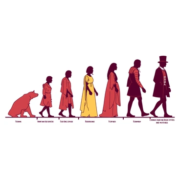 A duotone illustration depicting the evolution of clothing styles over time. On the left side, there are silhouettes of "ancient garments" such as togas and tunics in one color. As the timeline progresses to the center, "medieval attire" like long flowing dresses and armored suits appear, showcasing another color. Further along, "Renaissance clothing" with intricate designs and ruffled collars is visible, transitioning smoothly into "Victorian outfits" that include corsets and top hats. Finally, on the right side, modern fashion trends are represented with "casual wear" like jeans and t-shirts, as well as "high-fashion ensembles" featuring bold patterns. The timeline is marked with subtle labels indicating each era, creating a cohesive visual journey through clothing history.