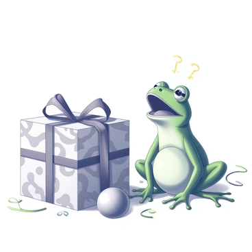 A surprised green frog sitting on its haunches, its mouth open in astonishment. The frog is gazing at a large, intricately wrapped birthday gift in front of it. The gift has an oversized, glossy bow on top and features various patterns on the wrapping paper. The surrounding area includes some colorful streamers and a few balloons partially visible in the background. The expression on the frog's face captures a sense of wonder and excitement.