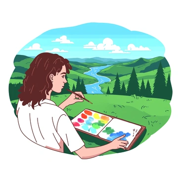 An artist with curly brown hair is sitting on a grassy hilltop, holding a paintbrush in one hand and a palette filled with various vibrant colors in the other. In front of the artist, there is an open sketchbook resting on their lap, showcasing a partially completed watercolor painting of the vast natural landscape. The scenery includes a flowing river, tall green trees, and a bright blue sky filled with fluffy clouds. The hilltop provides a clear view of the rolling hills and valleys stretching into the distance. The artist is wearing a white shirt and has a focused expression as they concentrate on capturing the beauty of the scene.
