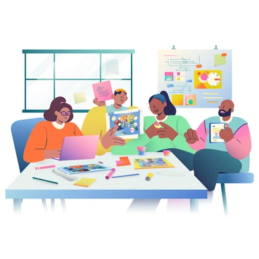 A group of four designers is gathered around a large table covered with various sketches and design prototypes. One designer, a woman with short brown hair, is focused on her laptop, which displays a vibrant game interface. Another designer, a man with glasses and a beard, is reviewing a detailed sketch of a character on a notepad. The third designer, a woman with long black hair pulled into a ponytail, is enthusiastically discussing ideas while pointing at a vibrant poster of game worlds pinned to the wall. The fourth designer, a man with a buzz cut, is adjusting a digital tablet that shows concept art. The environment is filled with colorful post-it notes, pencils, and a large whiteboard filled with brainstorming ideas. There is a window in the background allowing natural light to illuminate the creative space.