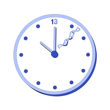 A traditional clock face is set against a plain background. The clock features a circular shape with clear hour and minute markings. Each hour marking is represented by a small numeral. Instead of typical clock hands, two intricate DNA strands extend from the center of the clock. The strands twist upward to indicate the time, with the longer strand representing the minute hand and the shorter strand as the hour hand. The DNA strands are detailed, showcasing the double helix structure with visible base pairs. The overall composition conveys the theme of time intertwined with biological age.