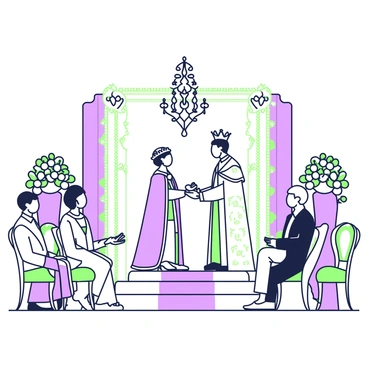 A grand royal wedding ceremony is taking place in a lavish hall adorned with intricate decorations. At the center, the king and queen are standing on an ornate platform, exchanging vows. The king is dressed in a richly embroidered royal robe, complete with a crown atop his head. The queen is wearing an elegant gown adorned with intricate patterns and a tiara shining brightly. Surrounding them, elegantly dressed guests are seated on finely crafted chairs, adorned with green and purple ribbons. Beautiful floral arrangements are displayed around the room, adding to the opulence of the scene. In the background, a grand chandelier hangs from the ceiling, casting a soft glow over the ceremony.
