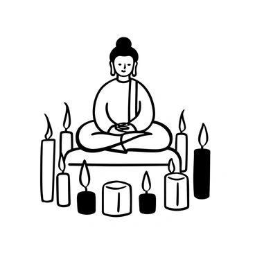 A serene scene featuring a seated Buddha statue, with intricate details on the robe and posture. Surrounding the statue are multiple flickering candles of various heights, arranged in a circular pattern. The candles cast a warm, soft glow, illuminating the area around the Buddha. There are subtle shadows extending from the candles, enhancing the tranquility of the setting. The background is minimal, focusing the attention on the Buddha and the candles.