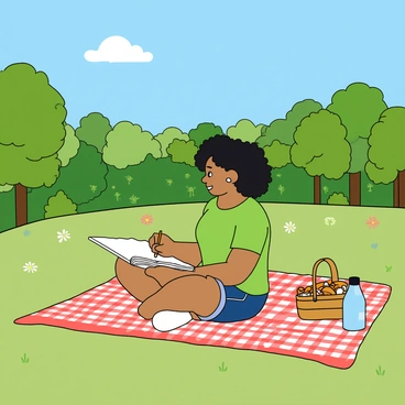 An artist with tan skin and curly black hair is sitting cross-legged on a large checkered blanket spread out on the grass. She is wearing a green t-shirt and denim shorts. The artist is concentrating on her sketchbook, which is propped up on her lap, as she uses a pencil to draw the scenery in front of her. The park is filled with lush green trees and colorful flowers scattered throughout the landscape. A few fluffy clouds float in the bright blue sky above. Beside the artist, there is a small picnic basket with some snacks and a water bottle.