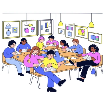 A classroom filled with students engaged in drawing. The room is illuminated by warm light emanating from hanging lamps, casting a cozy glow throughout the space. Each student is sitting at a wooden table with sketchbooks open, focused on their artwork. Some students are using pencils, while others are working with charcoal or pastels. The walls of the classroom are adorned with various art supplies and previous student artwork. The atmosphere is peaceful and productive, with each student absorbed in their creative process.