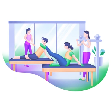 A dynamic group reformer pilates class taking place in a bright, airy studio. Several participants are engaged in various poses on their reformer machines. One participant is performing a leg stretch while another is executing a roll-up. A third individual is demonstrating a push-through position, showcasing their strength and control. The studio is equipped with large windows allowing natural light to flood in, enhancing the vibrant atmosphere. The participants are focused and determined, wearing colorful athletic apparel that adds to the lively ambiance of the class.