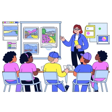 A teacher standing in front of a classroom wall, pointing towards a poster that displays various famous Impressionist paintings. The teacher is a middle-aged woman with glasses, wearing a blue blouse and black pants. Around her, a group of diverse students, including a girl with curly hair and a boy with a baseball cap, are attentively looking at the examples. The classroom wall features three framed images of paintings, showcasing a serene landscape, a vibrant garden scene, and a lively city street. The room is bright, with colorful charts and educational posters adorning the other walls. Desks are arranged in neat rows, and natural light streams in through the windows.