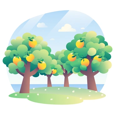 A peaceful grove of lemon trees is depicted under a clear blue sky. The lemon trees are lush and green, with clusters of bright yellow lemons hanging from the branches. Sunlight filters through the leaves, casting playful shadows on the ground. The grass beneath the trees is vibrant and dotted with small white flowers. In the distance, a few fluffy white clouds drift lazily across the sky, completing the serene atmosphere.