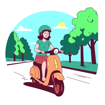 A person wearing a teal helmet is riding an orange electric scooter along a tree-lined street on a sunny day. The sun is shining brightly in a clear blue sky, casting shadows on the pavement. As the person rides, they have a content expression, showcasing their enjoyment of eco-friendly transportation. In the background, green trees are swaying gently in the breeze, enhancing the scene of a vibrant day. The electric scooter has a modern design, and a small eco-friendly symbol is visible on its frame.