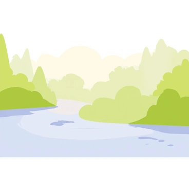 Early morning mist rising above the "Amazon River," creating a soft, swirling blanket of fog. In the background, a "dense rainforest" stretches out, with various shades of green represented by tall trees and lush foliage. The "sunlight" begins to filter through the mist, casting a gentle glow over the scene. The river reflects the subtle colors of dawn, while small ripples break the surface, adding texture to the tranquil waters.