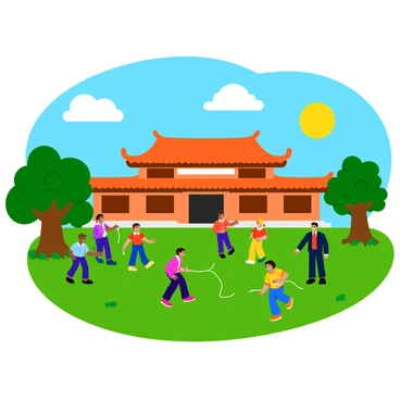 A missionary school building with a traditional Chinese architectural style, featuring ornate eaves and wooden beams. In the foreground, a group of children, dressed in colorful uniforms, are playing happily on a grassy field. Some are playing tag, while others are skipping rope. The teachers, a mix of men and women, are standing around the edges of the playground, smiling and overseeing the activities. Trees with green leaves provide shade around the playground area, and the sun is shining brightly in a clear blue sky.