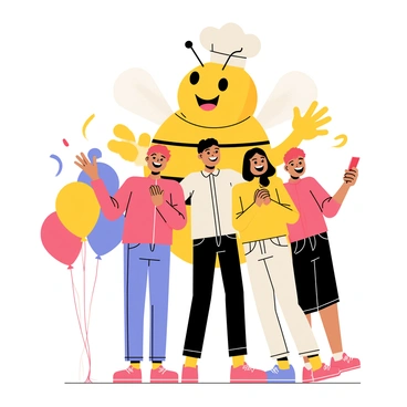 A group of four friends standing together, smiling widely as they take a selfie. One friend is holding a smartphone at arm's length, capturing the moment. They are surrounded by colorful balloons and party decorations. In the background, "Jollibee," a large cartoon character resembling a chubby bee in a chef's hat and red uniform, is prominently displayed, waving cheerfully. The friends are wearing casual clothing, and the atmosphere is lively and festive.