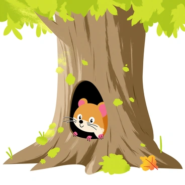 A small shrew with soft brown fur peeking out from a hollow in an old, gnarled tree trunk. The tree trunk has a rough, textured bark, with patches of green moss growing around the entrance of the hollow. Bright sunlight filters through the dense foliage above, casting dappled light on the shrew. The shrew's tiny eyes are wide with curiosity as it cautiously looks out, while its whiskers twitch in the fresh breeze. Various small leaves and twigs are scattered around the base of the tree, enhancing the natural setting.