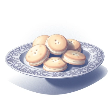 A decorative plate sits on a wooden table, supporting a generous pile of biscuits. The biscuits are flaky and appear to have a golden texture, showcasing their crispy layers. The surface of the plate features intricate patterns or designs, enhancing the overall elegance of the presentation. The background is softly blurred, focusing attention on the plate and the appetizing biscuits.