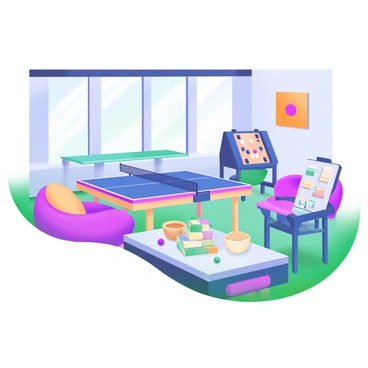A modern break area featuring a ping pong table and a foosball table, both with vibrant colors. There are comfortable sofas and bean bags arranged around the space, inviting coworkers to relax. A small coffee table displays a stack of board games and snack bowls. Bright, playful wall art adds to the fun atmosphere. A large window allows natural light to fill the room, enhancing the cheerful environment.