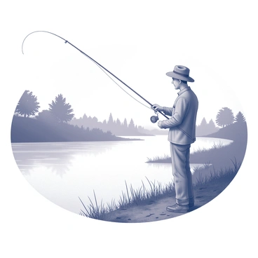 A man wearing a wide-brimmed hat is standing by a river, holding a fishing rod with a reel in one hand and looking intently at the water. The scene depicts the early dawn with soft mist rising from the river's surface, partially obscuring the landscape. The man's clothing is simple, suggesting comfort for a day of fishing. Various trees and bushes line the riverbank, their silhouettes faint in the mist. The water is calm, reflecting the soft light of the early morning.