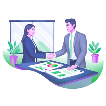 A modern pastel illustration depicting two business professionals shaking hands over a sleek conference table. The table is covered with various financial documents, including charts and graphs, symbolizing a successful private equity deal. In the background, there are potted plants and a large window letting in natural light, creating a professional atmosphere. Both professionals are dressed in formal attire, with one wearing a navy suit and the other in a gray suit, displaying expressions of satisfaction and accomplishment.