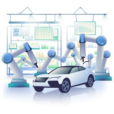 A high-tech factory floor is filled with several robotic arms in motion, assembling sleek, autonomous cars. The robotic arms are metallic and have bright blue lights indicating their operational status. In the foreground, a partially assembled car displays smooth curves and a shiny surface. Surrounding the assembly line are various tools and components neatly organized on shelves. Overhead, large LED screens display technical data and progress indicators. The factory floor is illuminated by bright white lights reflecting off the polished concrete floor.