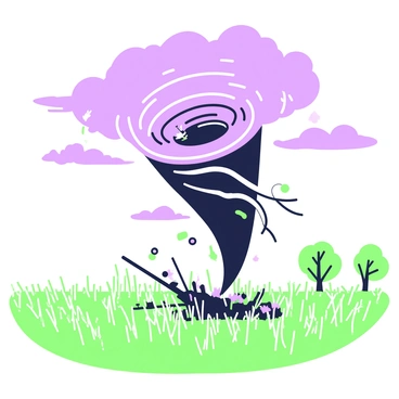 A powerful tornado is forming in the sky above a vast field. The tornado has a dark, funnel shape extending downwards, with swirling winds creating a chaotic motion. Debris, including branches and small objects, is being lifted and carried along in the wind around the base of the tornado. The field is a mix of tall grasses being blown sideways by the force of the winds, and in the background, there are distant trees bending away from the tornado's path. The sky is filled with dark clouds, adding to the intensity of the scene.