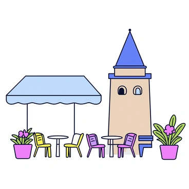A charming outdoor café setting with several small round tables and colorful chairs arranged neatly. A light blue awning provides shade over the tables. The café is adorned with potted plants featuring vibrant flowers. In the background, the Galata Tower stands tall, showcasing its distinctive stone structure with a conical roof. The scene has a clear blue sky, creating a bright and inviting atmosphere.