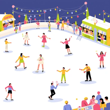 A holiday festival scene filled with people ice skating on a sparkling white ice rink. The ice rink is surrounded by colorful light decorations and cheerful spectators. Some people are gracefully gliding on the ice, while others are playfully holding hands and spinning. Nearby, lively street performers entertain the crowd, including a juggler tossing bright colored balls and a musician playing a cheerful tune on a guitar. Stalls offering festive treats like hot cocoa and candy canes are scattered around, with families gathered around them. The sky above is a deep blue, adding to the festive atmosphere.