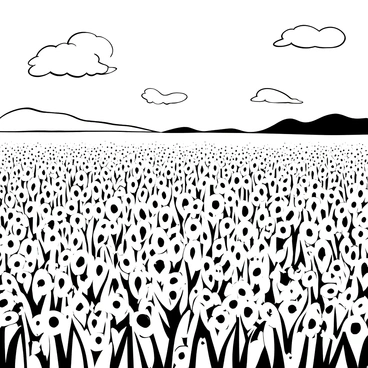 A large field densely filled with white daisies swaying in the wind. The flowers are in full bloom, creating a soft, textured landscape across the ground. A gentle breeze causes the daisies to move slightly, illustrating their delicate forms. In the background, there are rolling hills, adding depth to the scene. The sky above is partly cloudy with scattered clouds.
