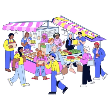 A busy local market scene in Paris filled with shoppers. Stalls displaying an array of fresh produce, including colorful fruits and vegetables. Artisanal goods such as bread, cheese, and handmade crafts are showcased on tables. Shoppers of various ages browse through the stalls, holding bags filled with their purchases. The market is alive with activity, with people engaging in conversation and vendors calling out to attract customers. Brightly colored awnings provide shade over the stalls.