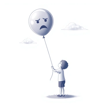 A balloon is depicted in mid-air, clearly showing a "sad face" expression. It is drifting upwards and slightly away, creating a sense of longing. Below the balloon, a child is looking up with a concerned expression. The child is standing on grass, wearing a t-shirt and shorts, with their arms slightly raised as if reaching for the balloon. The background includes a few scattered clouds in the sky, enhancing the feeling of distance between the balloon and the child.