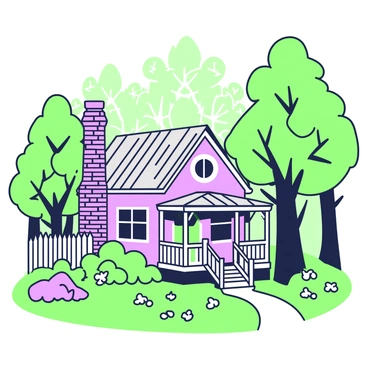A cozy cottage with a classic design is nestled among the trees in a forest. The cottage features a sloping roof and a brick chimney, with a front porch that has wooden railings. The surrounding area is filled with tall trees, their leaves creating a canopy overhead. A winding path leads up to the front door, bordered by green grass and colorful flowers. In the background, dappled sunlight filters through the leaves, casting shadows on the ground. A small wooden fence encloses the property, adding to the charm of the cottage.