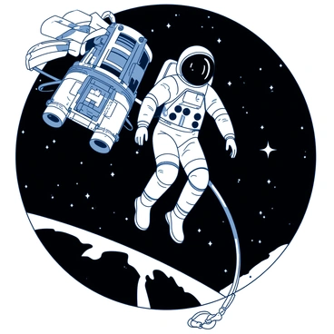 An astronaut wearing a white space suit is performing a spacewalk in outer space. The astronaut is floating gracefully, tethered to the Apollo spacecraft that is visible in the background. The spacecraft has a metallic body with distinct features like the command module and service module. Stars twinkle in the deep blackness of space, creating a backdrop for the scene. The sunlight reflects off the spacecraft, creating a contrast with the astronaut and the dark space surrounding them.