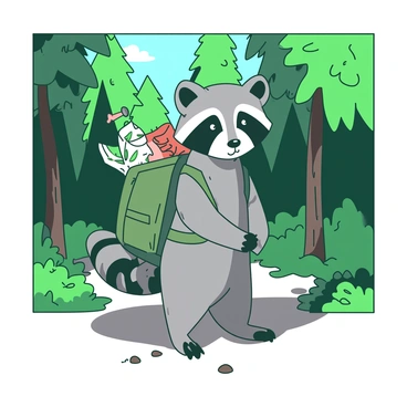 A gray raccoon with black markings around its eyes is standing on its hind legs, wearing a small green backpack. The backpack is filled with various adventure supplies, and a rolled-up map is clutched in one of its front paws. The raccoon is positioned in front of a dense forest filled with tall green trees and underbrush. Sunlight filters through the leaves, casting playful shadows on the ground. The raccoon appears eager and ready for an adventure, looking ahead with a curious expression.