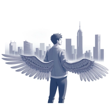 A young man stands with his back to the viewer, showcasing intricately designed mechanical wings that spread out behind him. He gazes intently at a sprawling city skyline in the distance. The skyline features a variety of buildings with sharp angles and towering heights, creating a sense of urban expansiveness. The young man has short hair and wears a fitted jacket that complements his athletic build. The scene captures a moment of contemplation against a backdrop of an expansive, intricate cityscape.