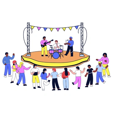 A stage with a wooden platform elevated above the ground. On the stage, a band of three musicians is performing, one playing a guitar, another on drums, and the third with a microphone. The musicians are dressed in simple, colorful clothing. In front of the stage, a crowd of festival-goers is gathered, some standing and others dancing. The audience is diverse, with individuals of various ages and styles, enjoying the live music. Simple decorations, such as colorful bunting and lights, adorn the stage area.