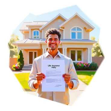 A happy policyholder with a bright smile is standing in front of a large, welcoming house. The policyholder has medium skin and short curly hair, wearing a light-colored shirt. In their hands, they are proudly holding a life insurance policy document with the words "Life Insurance Policy" clearly visible on the front. The house behind them is a charming two-story design, with a well-maintained lawn and colorful flowers adorning the entrance. Sunlight casts a warm glow on the scene, emphasizing the positive mood.