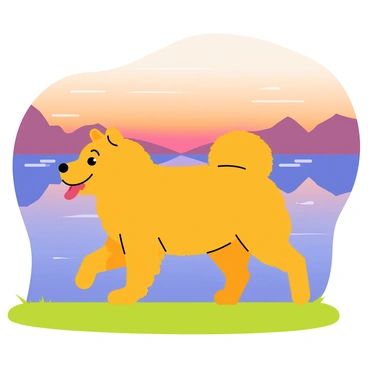 A chow chow with a fluffy orange coat is walking beside a calm lake. The lake reflects the vibrant colors of the sunset, featuring shades of orange and purple in the sky. Gentle ripples disturb the water's surface, creating a serene atmosphere. The chow chow has its tongue out, appearing relaxed as it strolls along the grassy shore. Silhouettes of distant mountains frame the background, enhancing the tranquil setting.