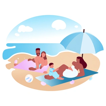 A sandy beach is filled with vibrant colors as a family relaxes on large, colorful towels. The parents are lounging side by side, wearing light summer clothing, while the children are playing nearby with a beach ball. A large umbrella provides shade above the family. The ocean waves are gently lapping at the shore, and there are a few seashells scattered in the sand. A bright sun is shining in a clear blue sky, creating a warm and inviting atmosphere.