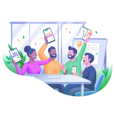 A modern pastel illustration depicting a group of diverse employees in an office space. They are gathered around a large table, smiling and cheering. Each employee holds a smartphone or tablet displaying "Bonus Received" in bright letters. Confetti is falling from above, adding a festive atmosphere. In the background, there are office plants and a whiteboard with positive charts. Sunlight streams through large windows, enhancing the cheerful mood of the scene.