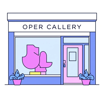 A storefront of an art gallery with a large glass window. The window displays a modern sculpture made of abstract shapes and smooth surfaces. The sculpture is positioned prominently in the center of the window to attract attention from passersby. The gallery’s name is displayed above the window in simple, elegant lettering. The entrance door is made of wood with a clear glass panel, and there are potted plants on either side of the door.