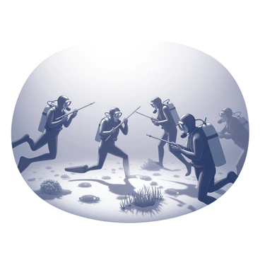 A group of divers is submerged in a calm lagoon, surrounded by clear water. They are wearing wetsuits and snorkeling gear. Each diver is holding a speargun, focusing intently on the underwater environment. Various sea life is visible in the background, including fish swimming around coral formations. The sunlight filters through the surface, creating patterns on the sandy bottom. Some divers are focused on aiming their spears, while others are observing the aquatic scenery.