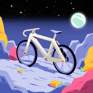 A futuristic recumbent bike with a sleek, aerodynamic design, featuring metallic silver and blue colors. The bike is positioned on the rugged, rocky surface of a distant planet, with intricate details on the frame and wheels. Surrounding the bike, there are colorful, alien rock formations that add depth to the scene. In the background, a sky filled with countless stars sparkles brightly, showcasing the vastness of the universe. A large, glowing planet is visible in the sky, enhancing the otherworldly atmosphere of the scene.