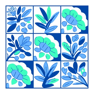 A pattern of tiles is arranged in a repeating formation. Each tile features intricate floral designs, showcasing various flowers and leaves. The predominant colors of the tiles are vibrant blue and green, creating a lively contrast. The flowers have detailed petals and bold outlines, while the leaves are intricately shaped, adding depth to the overall pattern. The tiles are square and evenly spaced, forming a coherent and visually appealing layout.