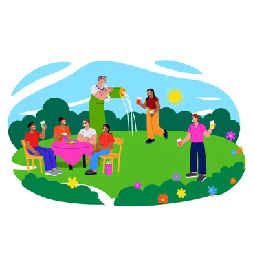 A charming garden party where guests are enjoying drinks served from a hose fountain.