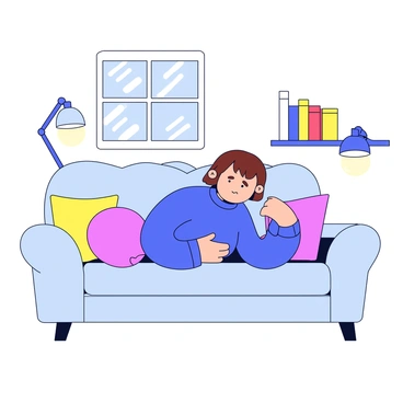 A person with short brown hair is curled up on a light gray couch. They are wearing a cozy blue sweater and have a concerned expression on their face as they clutch their stomach. The couch is adorned with a few colorful throw pillows. In the background, there is a softly glowing lamp providing warm light, and a small bookshelf filled with books is visible nearby. A window allows gentle daylight to filter into the room, creating a comfortable atmosphere.