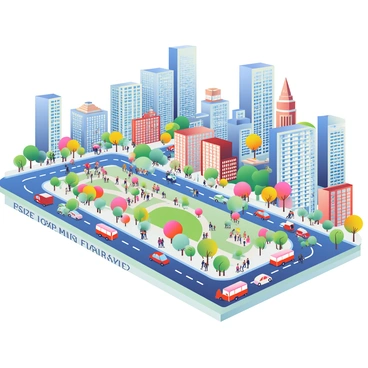 A vector map illustration of a bustling cityscape filled with tall buildings and busy streets. The buildings display a variety of architectural styles, including modern glass skyscrapers and historic brick structures. Wide streets are filled with small cars and buses, while pedestrians walk along the sidewalks. Colorful trees are planted along the roadsides, adding greenery to the urban scene. The map includes key landmarks such as parks, a river running through the city, and public squares with people gathered. Some street names are labeled in clear typography, providing a sense of navigation within the lively environment.