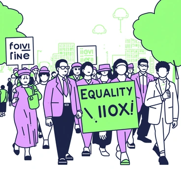 A civil rights march is taking place, with a diverse group of leaders walking together. "Malcolm X" is positioned at the forefront, wearing a dark suit and glasses, his expression serious and focused. To his right, another leader is holding a large banner that reads "Equality Now" in bold letters. The crowd behind them is composed of men and women of various ages and backgrounds, all united in purpose, many holding signs advocating for civil rights. Some individuals are wearing hats and coats, while others are dressed in casual attire. The atmosphere is charged with determination as they march down a street lined with trees and buildings.