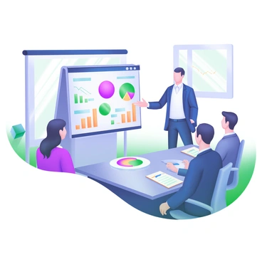 A modern pastel illustration featuring a banker in a sharp, navy blue suit, standing confidently at a sleek conference table. The banker is presenting financial charts on a large screen behind him, which displays colorful bar graphs, pie charts, and line graphs. The room has a large window allowing soft natural light to filter in, highlighting the professionalism of the setting. Several colleagues, dressed in business attire, are seated around the table, attentively looking at the presentation. A notepad and pens are placed in front of each colleague, ready for note-taking.