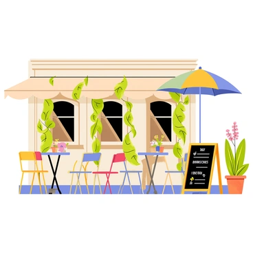 A quaint sidewalk cafe with a warm, inviting atmosphere. The cafe features several small round tables surrounded by vibrant green leafy vines that wrap around the table legs and drape over the edges. Colorful chairs are placed at each table, and a large umbrella provides shade. Potted plants filled with blooming flowers are positioned around the cafe, enhancing the charming ambiance. A chalkboard menu stands prominently at the entrance, showcasing daily specials and drinks.