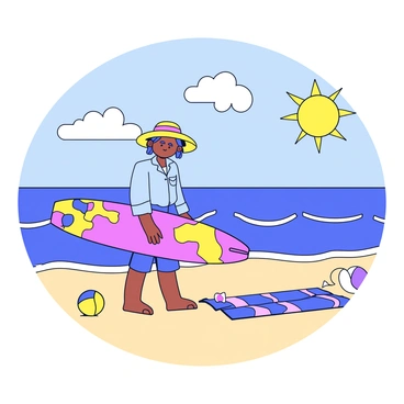 A sandy beach with gentle waves lapping at the shore. A person is standing on the beach, wearing a light blue denim blouse that is slightly loose-fitting. They have a wide-brimmed sun hat that casts a shadow over their face. In their hand, they hold a colorful surfboard with vibrant patterns. The sun is shining brightly in a clear sky, and a few fluffy clouds float in the distance. There's a beach towel laid out on the sand nearby, and a beach ball rests next to it.