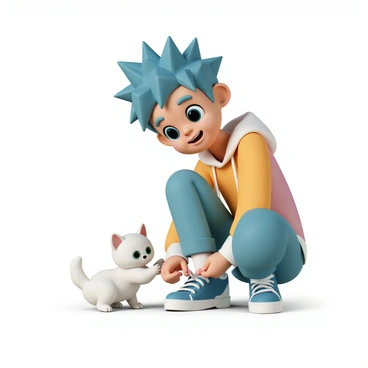 A young anime character with bright blue hair styled in a spiky manner, wearing a colorful hoodie and jeans. The character has large, expressive eyes and a cheerful smile. Beside them is an adorable small white kitten with big green eyes and fluffy fur, playfully pawing at the character's shoelace. The character is kneeling down, reaching out to the kitten, creating a joyful interaction between them.