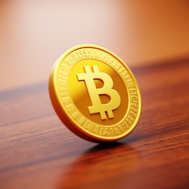 A shiny coin spinning on a polished wooden surface, with visible motion blur. The wooden surface features rich, dark grains reflecting light. The coin displays intricate engravings and shines brightly, capturing highlights as it spins. The background is softly blurred, emphasizing the dynamic movement of the spinning coin.